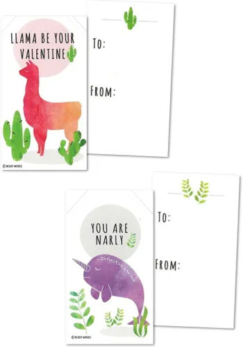 Vista 4 de Juego de 24 tarjetas para San Valentín, tamaño 2" x 3.5", diseños de llama, perezoso, narval y tiburón, de Nerdy Words