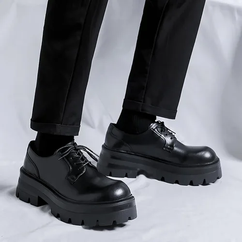Vista 5 de Zapatos Oxford de cuero con plataforma con cordones para hombre Zapatos de vestir con suela de talón grueso y punta redonda Zapatos clásicos