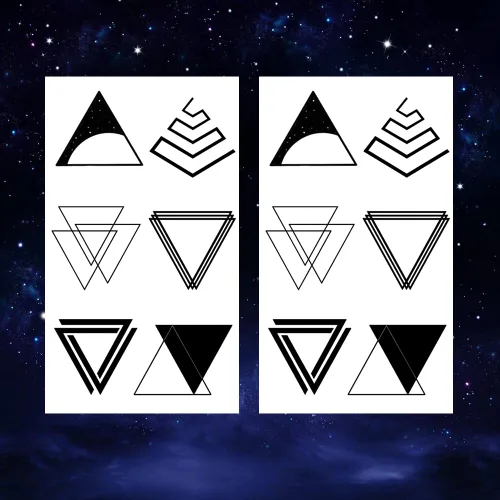 Vista 4 de Juego de 2 calcomanías de tatuaje temporal pequeñas, formas geométricas minimalistas, diseños de triángulos negros para mano, cuello, cara, muñeca