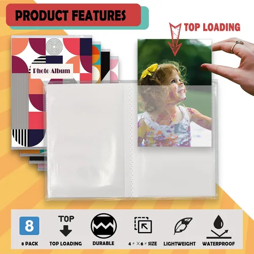 Vista 5 de Álbum de fotos pequeño de 4 x 6 para fotos, juego de 8, capacidad para 36 fotos cada uno, capacidad de 288, 4 patrones, fundas flexibles extraíbles