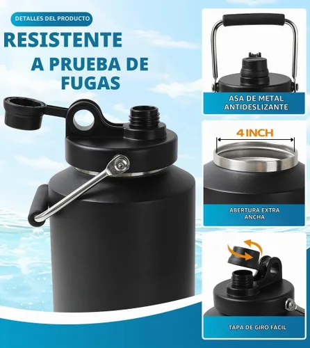 Vista 5 de Jarra de Agua de Galón, Botella de Agua Aislada, Jarra de 1 Galón con Asa, Botella de Agua Grande de Acero Inoxidable de 128 oz de Boca Ancha