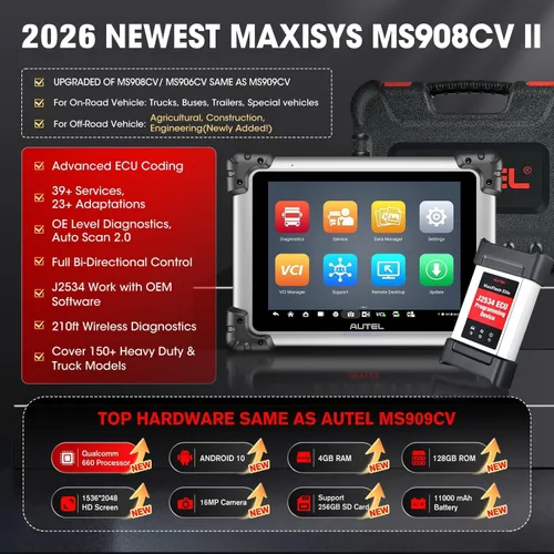 Vista 2 de Autel MaxiSys MS908CV II - Escáner CV superior, herramienta de diagnóstico de camiones diésel de servicio pesado 2026 para más de 150 motores clase