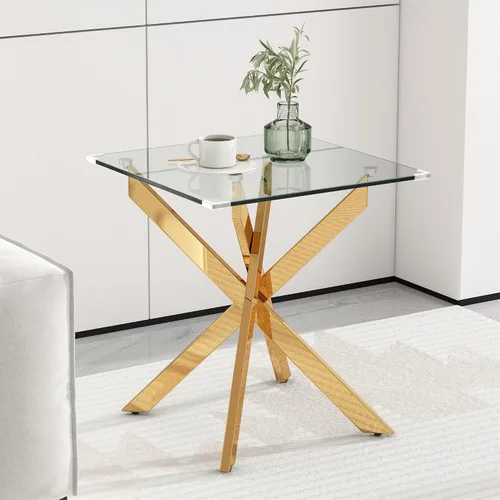 Vista 9 de Mesa de centro rectangular moderna de cristal, mesa central de vidrio templado y patas de metal chapado en oro para sala de estar, oficina en casa