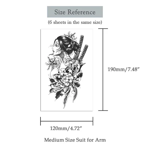 Vista 3 de 6 hojas de brazo falso impermeable cuerpo arte temporal tatuajes pegatinas negro japonés geisha samurai mujeres flor loto