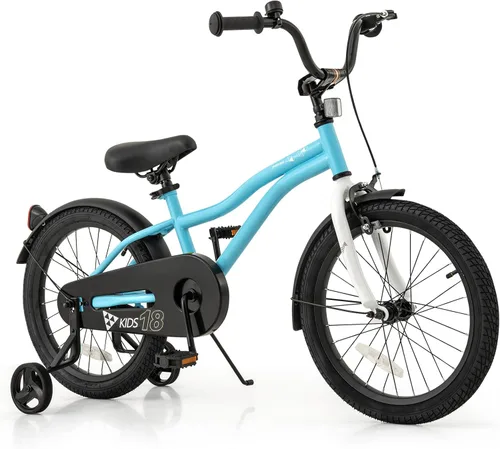 Vista 10 de BABY JOY Bicicleta deportiva de 12, 14, 16, 18 pulgadas, con ruedas de entrenamiento, asiento ajustable, freno de mano y freno de posavasos
