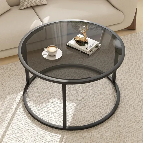 Vista 11 de Mesa de café redonda, pequeña mesa de café negra para sala de estar, mesa central moderna de 27" con tapa de vidrio transparente y marco de metal