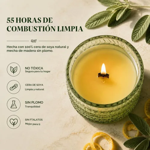 Vista 3 de Velas perfumadas de salvia y cítricos, con mecha de madera crepitante, vela de soja, 7.4 onzas, velas naturales no tóxicas, 55 horas de combustión