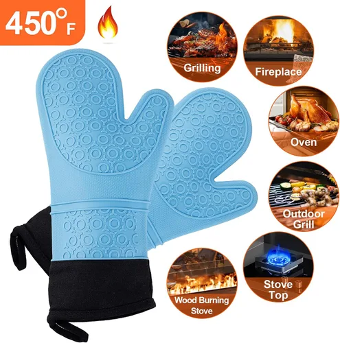 Vista 6 de Guantes de horno de silicona resistentes al calor, impermeables, mango flexible, lavable para comida caliente, color azul, extra largo