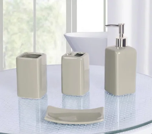 Vista 8 de Juego de accesorios para encimera de baño de 4 piezas de cerámica maciza (beige)