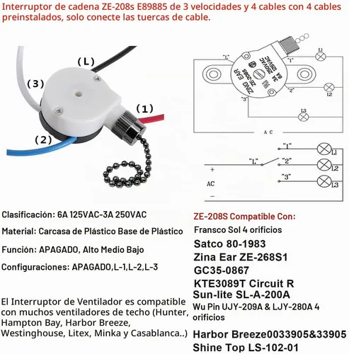 Vista 2 de Ventilador de techo de 3 velocidades, con 4 cables preinstalados, Zing Ear ZE-208s E89885 Interruptor de cadena de tracción de 4 cables, pieza