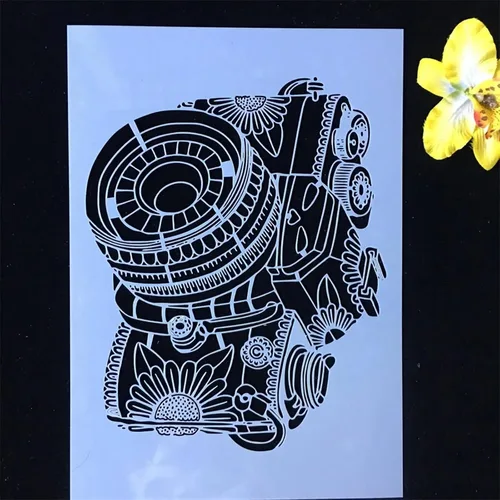 Vista 4 de TIAMECH Plantilla de cámara 3D reutilizable A4 para pintar, plantilla de capas de cámara digital de mandala, arte de pared de bricolaje, muebles