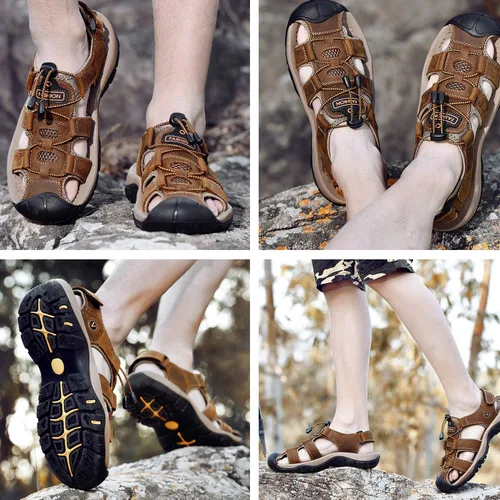 Vista 7 de FLARUT - Sandalias deportivas para hombre, sandalias para senderismo y exteriores, diseño informal de cuero con punta cerrada, sandalias atléticas