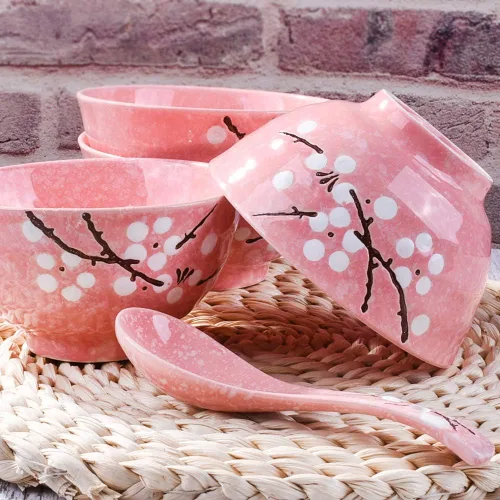 Vista 2 de Juego de 4 cuencos de arroz japoneses, estilo japonés, pintados a mano, color rosa ciruela, juego de 4 cuencos para postre aperitivos, cereales
