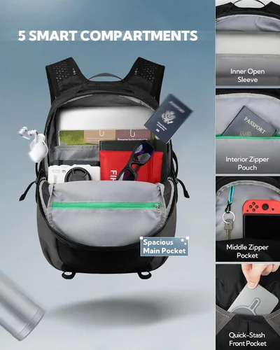 Vista 5 de WATERFLY Mochila pequeña y ligera con bolsillo para teléfono con correa Negro