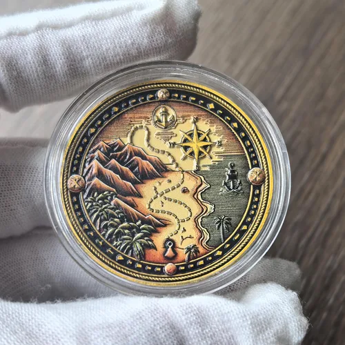 Vista 2 de Moneda de desafío pirata – Moneda de aleación de zinc con temática de aventura con diseño de mapa del tesoro – Moneda coleccionable de 1.57 pulgadas