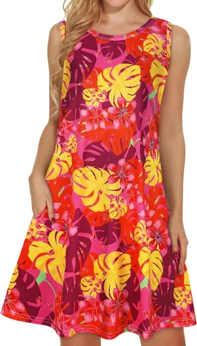 Vista 53 de elescat Vestidos de verano para mujer 2025, vestido casual de playa sin mangas con estampado floral, tipo camiseta, suelto y con bolsillos