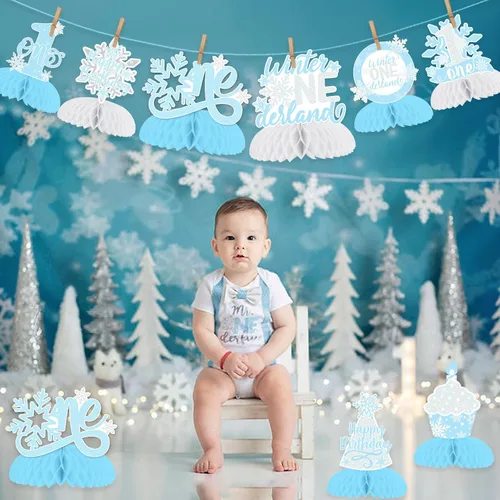 Vista 4 de Fangleland 8 centros de mesa de panal de copo de nieve azul para primer cumpleaños, 1er cumpleaños 3D decoraciones de mesa para niños de invierno