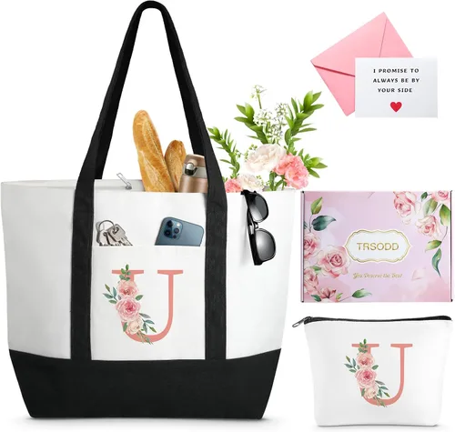 Vista 9 de TRSODD Regalos de cumpleaños para mujer, bolsa de lona con inicial con correa ajustable para el hombro y bolsa de maquillaje, regalos para mamá