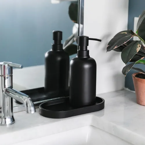 Vista 6 de Yew Design - Bandeja dispensadora de jabón redonda negra mate, bandeja organizadora de botellas de jabón y loción de 8 pulgadas para baños, cocinas