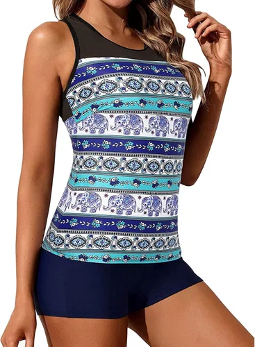 Vista 4 de Yonique Racerback Tankini Traje de baño corto de dos piezas para mujer