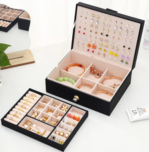 Vista 2 de QBestry Organizador de aretes de tuerca para mujeres y hombres, caja de joyería negra para aretes, collar, organizador de joyas, caja de aretes