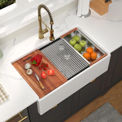 Vista 16 de Fregadero de 33 unidades de arcilla refractaria de 33 x 20 x 10 pulgadas, color blanco, fregadero de cocina de porcelana de cerámica, estilo casa