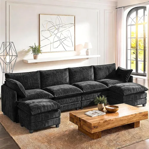 Vista 8 de LEVELEVE Sofá modular en forma de L de 112 pulgadas con 1 otomana, cama convertible de nube de asiento profundo, 3 cojines de 2 brazos, muebles Gris