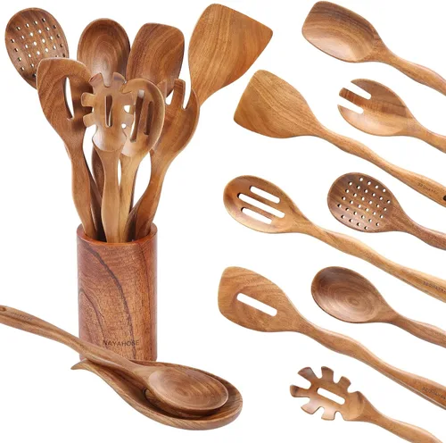 Vista 9 de Cucharón de madera para sopa, cucharas de madera de teca natural de 3 tamaños para cocinar, cuchara de madera antiadherente, cucharas de madera