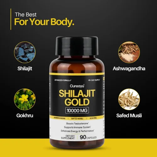 Vista 4 de Shilajit Gold Cápsulas 10000 mg de Shilajit para hombres y mujeres con musli, ashwagandha y gokhru seguro (blanco) Apoyo de energía, resistencia