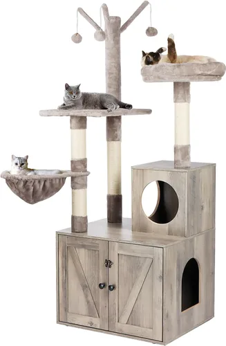 Vista 8 de Timberer Árbol para gatos con torre y caja de arena, refugio para gatos de madera 2-en-1 con poste de rascar de sisal, hamaca, marrón