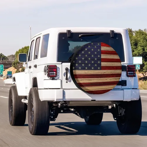 Vista 3 de Cubierta de neumático de repuesto de madera recuperada con bandera estadounidense, impermeable, a prueba de polvo, apta para Jeep, remolque, RV, SUV