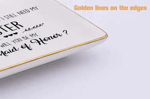 Vista 3 de Bandeja de cerámica con texto en inglés "I Found My Mister, But I Still Need My Sister,Will You Be My Maid of Honor", despedida de soltera, regalo