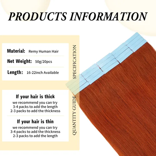 Vista 2 de Extensiones de cabello humano con cinta adhesiva de 16 pulgadas, color rojo cobre #350, trama invisible, color liso #350, 20 unidades, 16 pulgadas