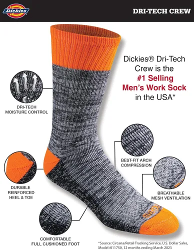Vista 2 de Dickies - Calcetines deportivos con función de control de la humedad y tecnología Dri-Tech, paquete múltiple