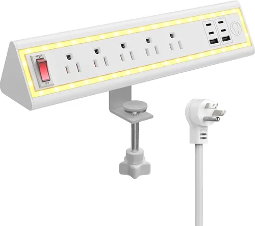 Vista 11 de Regleta de alimentación con abrazadera de escritorio con luz nocturna, carga rápida de 40 W, cable de extensión de 6 pies, USB-C de 4 x 20 W y 2