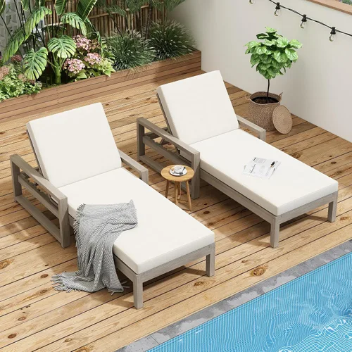 Vista 30 de Tumbona reclinable para patio al aire libre con respaldo ajustable de 5 posiciones y mesa auxiliar de madera, silla lounge para todo tipo de clima