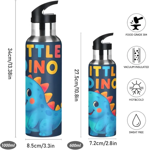 Vista 2 de Insulated Stainless Steel Water Bottle with Straw 20 Oz, BPA-Free Sport Water Bottle for Gym Outdoor Travel School, Cute Dinosaur Blue