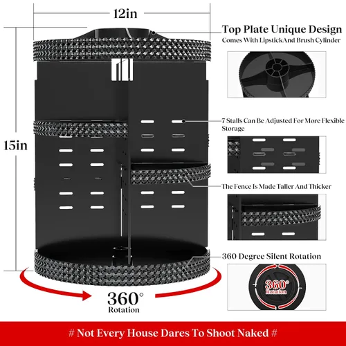 Vista 6 de Organizador de maquillaje negro con rotación de 360 grados, 7 niveles de gran capacidad, organizador de cosméticos acrílico, organizador