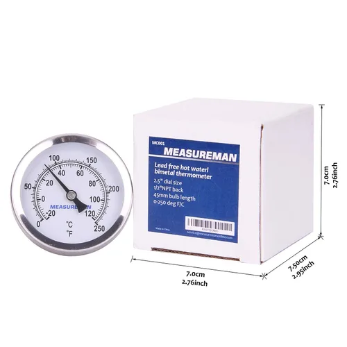 Vista 7 de MEASUREMAN Termómetro bimetálico de agua caliente, esfera de 2-1/2", vástago de latón sin plomo de 1-3/4", rango de 0-250 grados F/-20-120 grados C