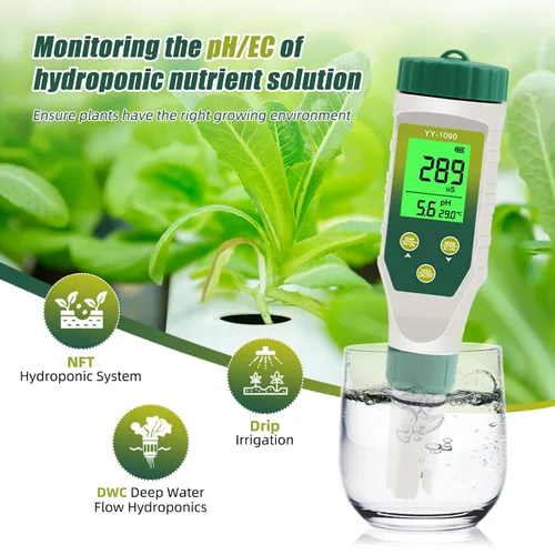 Vista 6 de Medidor de pH para hidroponía de agua, probador de sal TDS EC de pH 5 en 1 para solución nutritiva de agua, visualización simultánea de temperatura