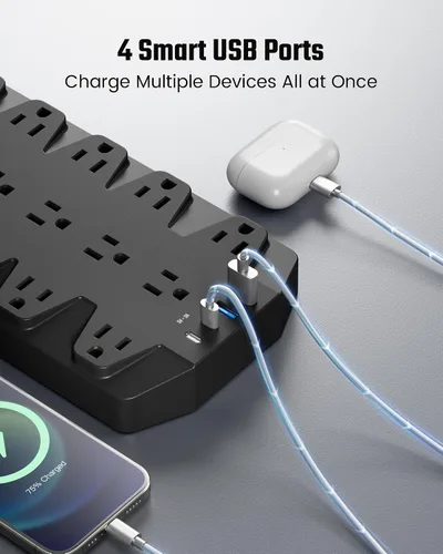 Vista 5 de SUPERDANNY - Regleta protectora de sobretensiones, 18 salidas de CA con 4 puertos USB, 1875W/15A, 2100J, cable de extensión de enchufe plano Negro
