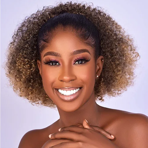 Vista 9 de Extensión de cola de caballo rizada con cordón para mujeres negras, extensiones de cabello sintético corto afro kinkys rizado con dos clips (1#)