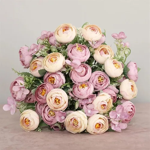 Vista 4 de Flores artificiales, 1 ramo de 12 cabezas, peonía artificial, té de rosas, flores de seda de camelia para bricolaje, hogar, jardín, decoración