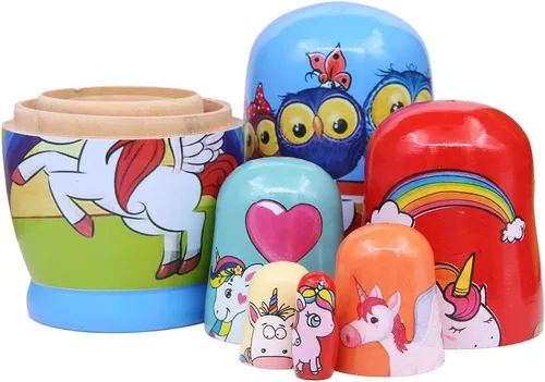 Vista 5 de Winterworm Juego de 6 muñecas rusas de madera con diseño de unicornio para decoración del hogar, juguetes apilables para cumpleaños