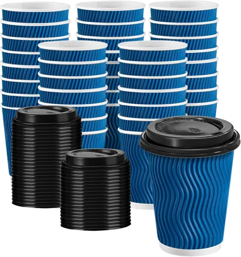 Vista 9 de Tazas de café desechables de 12 onzas con tapas, tazas de papel de café con tapas para llevar, tazas calientes aisladas para bebidas calientes