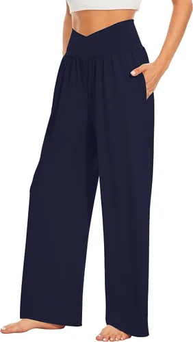 Vista 2 de TARSE Pantalones holgados casuales de pierna ancha para mujer, pantalones de yoga, cómodos, cruzados, de cintura alta, pantalones de pijama