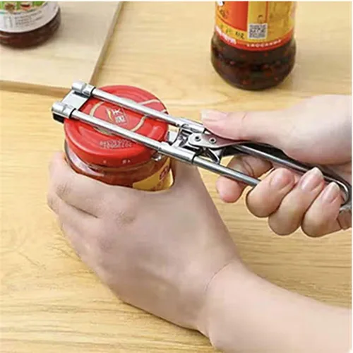 Vista 4 de Abrelatas para manos débiles, abrelatas ajustable de acero inoxidable, abridor de tapas apretado, utensilios de cocina, abridor de tarros fácil