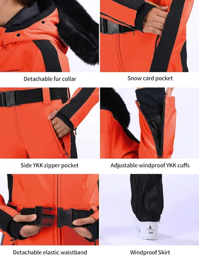 Vista 15 de GSOU SNOW Traje de esquí para mujer, traje de nieve de una pieza, para snowboard, delgado, aislante, impermeable, resistente al viento