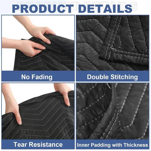 Vista 5 de Peryiter Paquete de 2 mantas móviles extra grandes de 96 x 80 pulgadas, almohadillas de mudanza resistentes de 4.4 libras y mantas de embalaje Negro