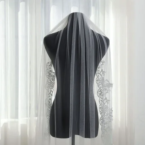 Vista 5 de Latious Velos de novia de encaje blanco de 1 nivel, velo de novia floral, velos largos de tul con peine, velos catedrales para novias y mujeres